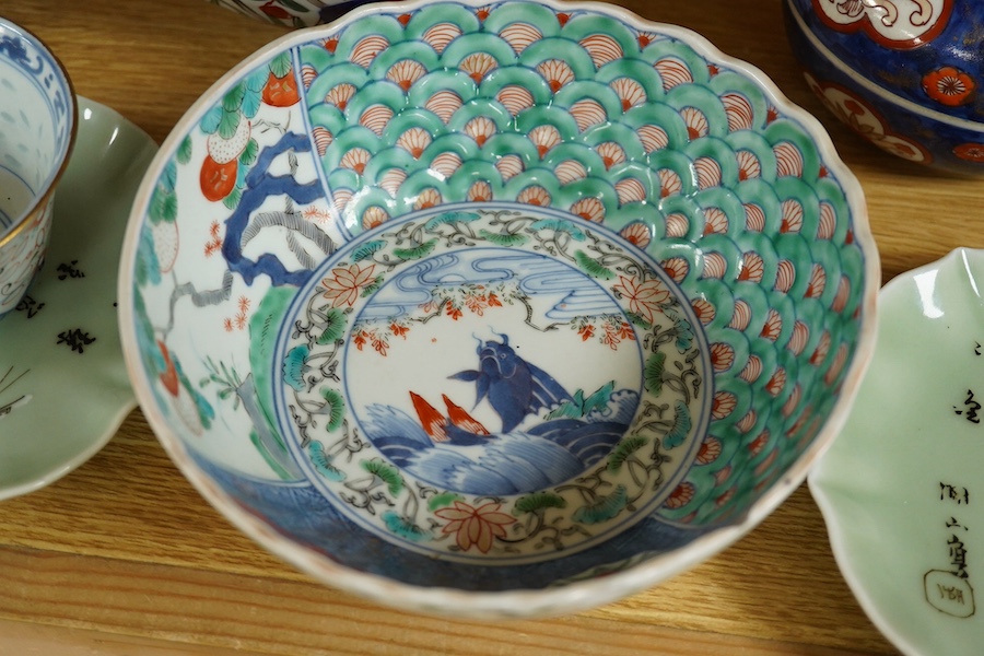 A collection of Chinese and Japanese porcelain to include 'rice grain' bowls, covers & stands and 19th century Japanese Imari, largest 25cm. Condition - mostly fair/good